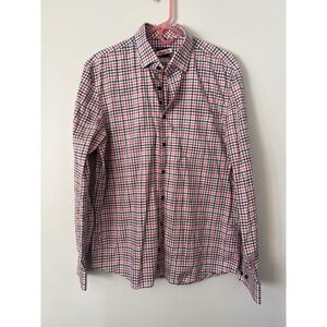 Johnnie-O 100% Cotton Mens Red Blue White Gingham Plaid Button Down Shirt Large